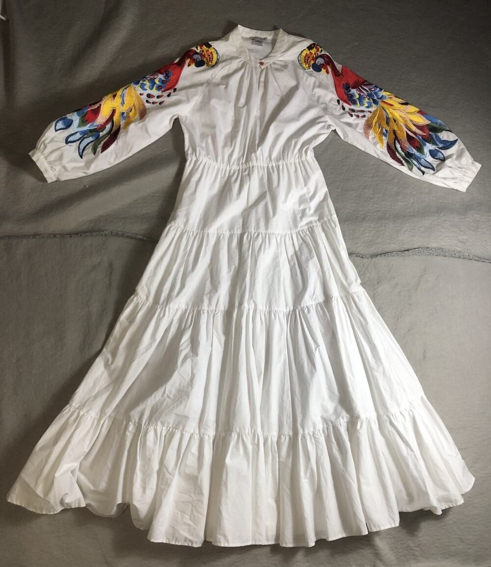 Oolala Dress M White Peacock Sleeve Embroidered TIERED Maxi Coastal Tropical